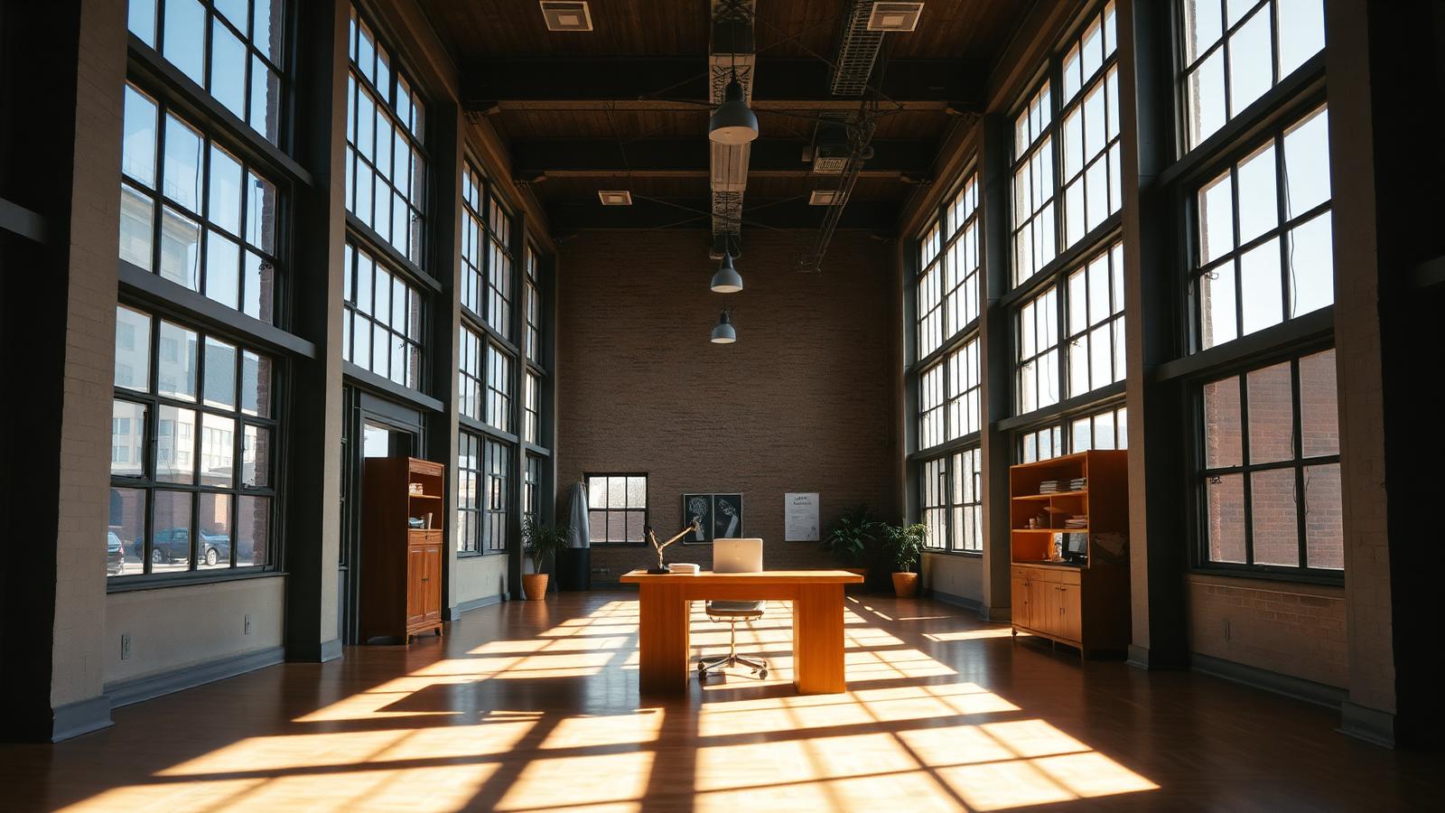 Warm, industrial office interior with natural light